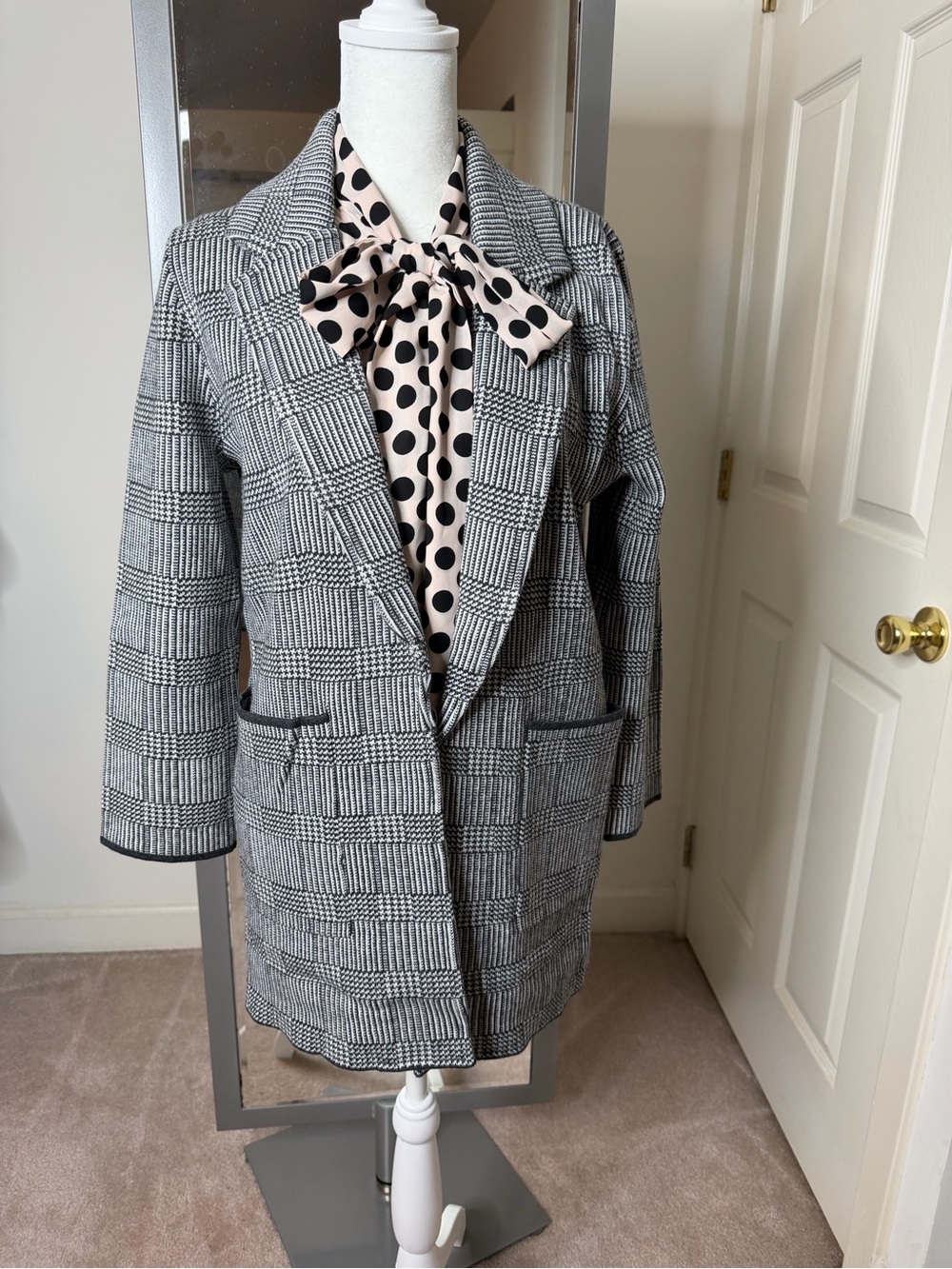 J. Crew Black & White Glen Plaid Open-Front Blazer Coat